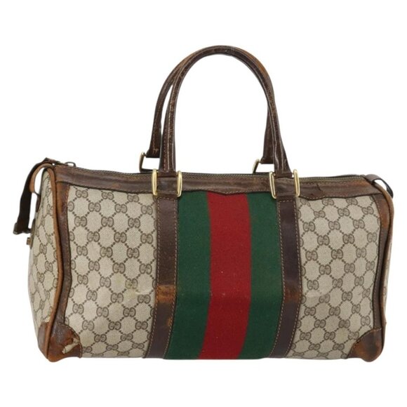 GUCCI GG Supreme Web Sherry Line Boston Bag PVC Beige Gold Red Auth hk3095 - Picture 1 of 16